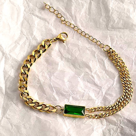 GOLD EMERALD GREEN CHAIN LINK BRACELET - Picture 8 of 14